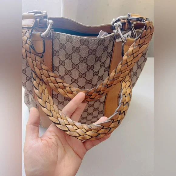 Gucci Bamboo Bar GG Monogram Canvas Shopper Tote Yellow Leather Braided Handles - Picture 5 of 14